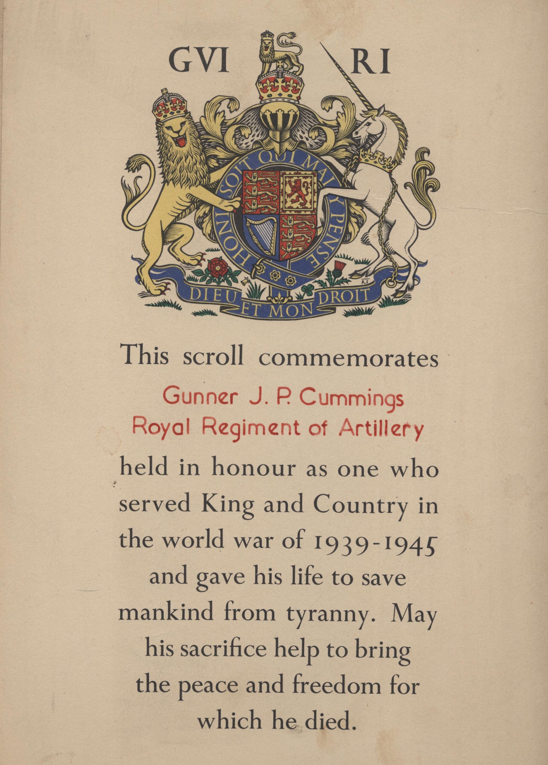 Commemorative Scoll - Joseph Cummings