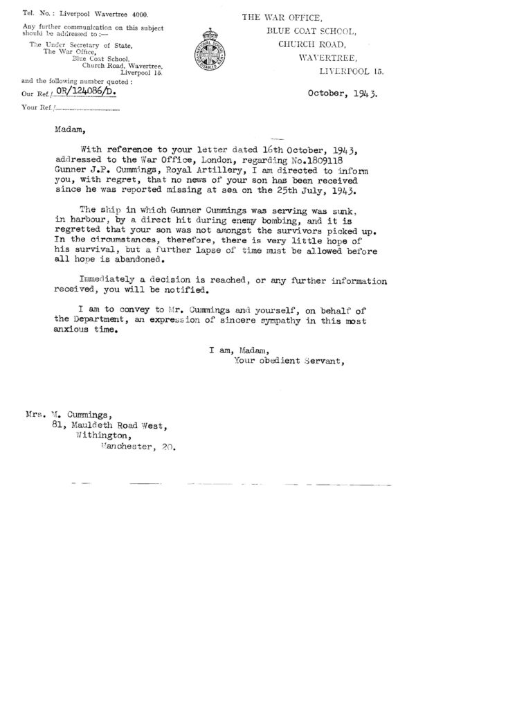 War Office letter confirming death on board ship